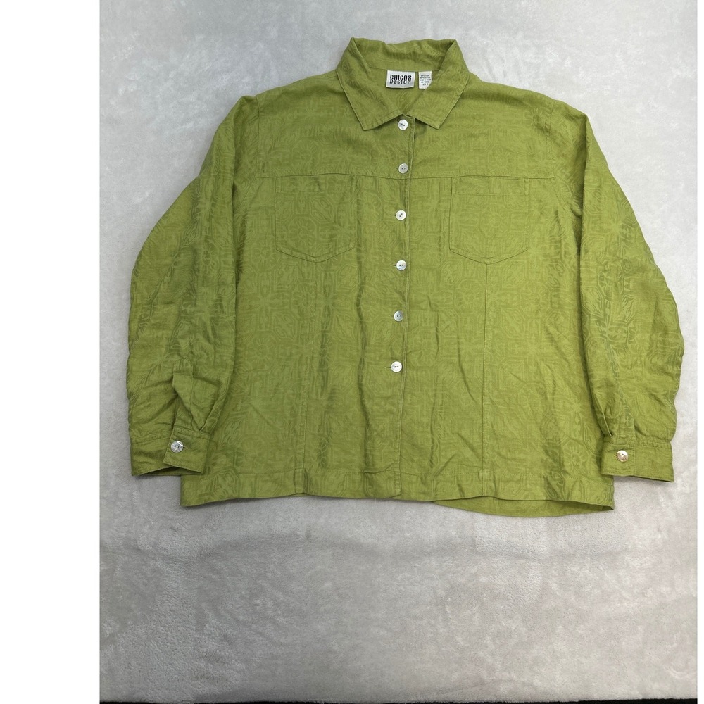 Chicos Button Front Shirt 3 Lime Green Linen Blend Jacquard Shacket Lagenlook